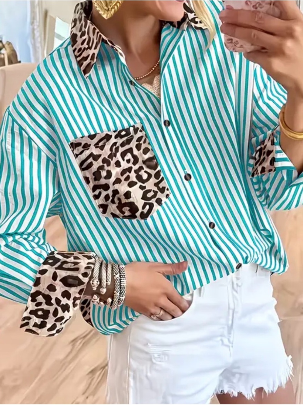 Cowgirl Tuff Teal and White Striped Button-Down with Leopard Trim Rodeo shirt